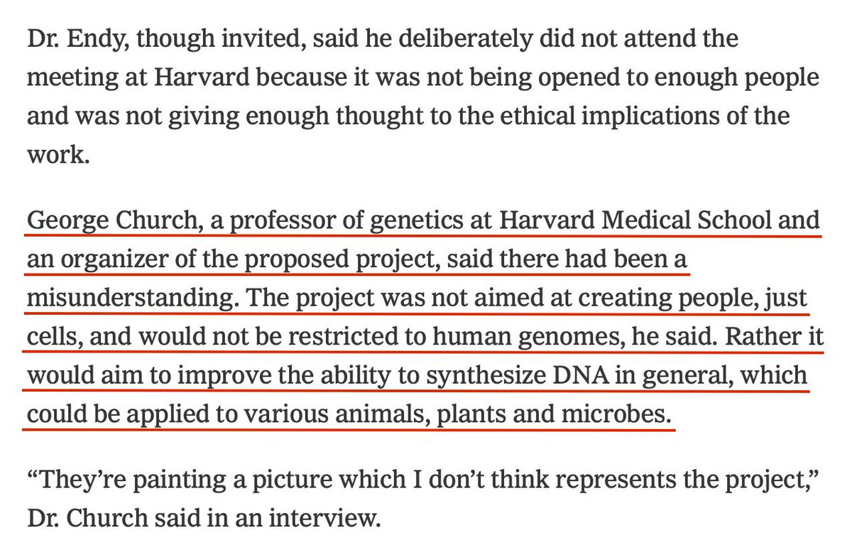 'The Prospect Is Spurring Both Intrigue And Concern In The Life Sciences Community Because It Might Be Possible, Such As Through Cloning, To Use A Synthetic Genome To Create Human Beings Without Biological Parents.'By Andrew Pollack, May 13, 2016 https://www.nytimes.com/2016/05/14/science/synthetic-human-genome.html