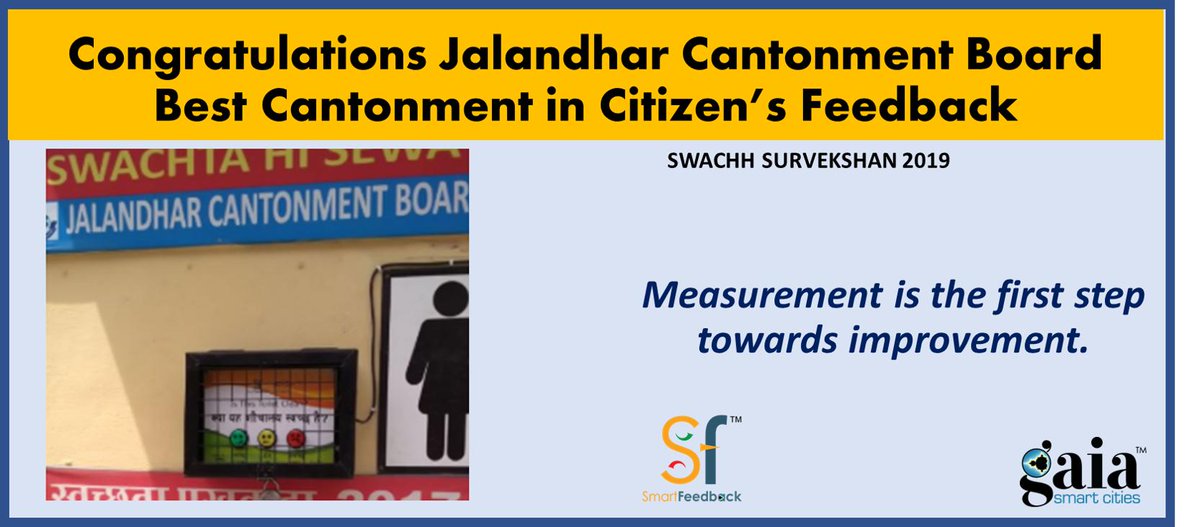 Jalandhar Cantonment, <a href="/ceojalandhar/">CanttBoard Jalandhar</a> is India's "Best Cantonment in Citizen's Feedback" in #SwachhSurvekshan2019.
Congratulations Jalandhar !!
Proud to have contributed in this challenge of #SwachhBharatMission through #SmartFeedback.
<a href="/SwachhBharatGov/">Swachh Bharat Urban</a> <a href="/MoHUA_India/">Ministry of Housing and Urban Affairs</a> <a href="/QualityCouncil/">QCI #qualitymatters</a>