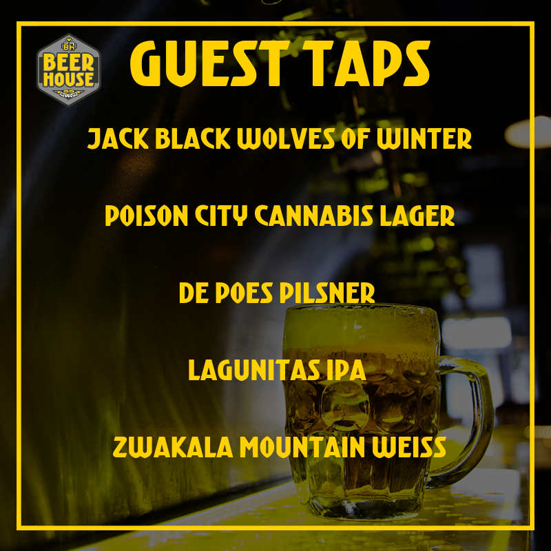 Looking for some exciting beers to try? Get down to BEERHOUSE and try some of our new guest taps. 

<a href="/JackBlackBeer/">JackBlack BrewingCo.</a> Wolves of Winter 
<a href="/poisoncitybrew/">Poison City Brewing</a> Cannabis Lager 
<a href="/DePoesBrewZA/">De Poes Brewery</a> Pilsner 
<a href="/lagunitasbeer/">LAGUNITAS BREWING CO</a> IPA 
<a href="/ZwakalaBrewery/">Zwakala Brewery</a> Mountain Weiss 

#atBEERHOUSE 
#wegotbeer