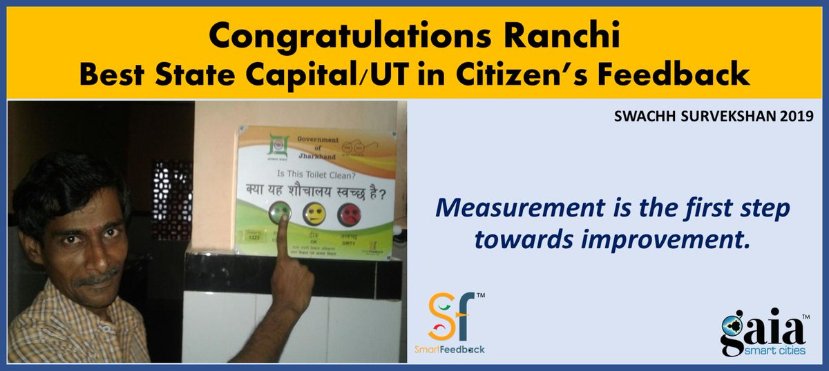 Ranchi, <a href="/Swachh_ranchi/">JJM & SBM(G) Ranchi</a> is India's Best State Capital in Citizen's Feedback in #SwachhSurvekshan2019.
Congratulations Ranchi !!
Proud to have contributed in this challenge of #SwachhBharatMission through #SmartFeedback.
<a href="/SwachhBharatGov/">Swachh Bharat Urban</a> <a href="/MoHUA_India/">Ministry of Housing and Urban Affairs</a> <a href="/QualityCouncil/">QCI #qualitymatters</a> <a href="/PMOIndia/">PMO India</a>