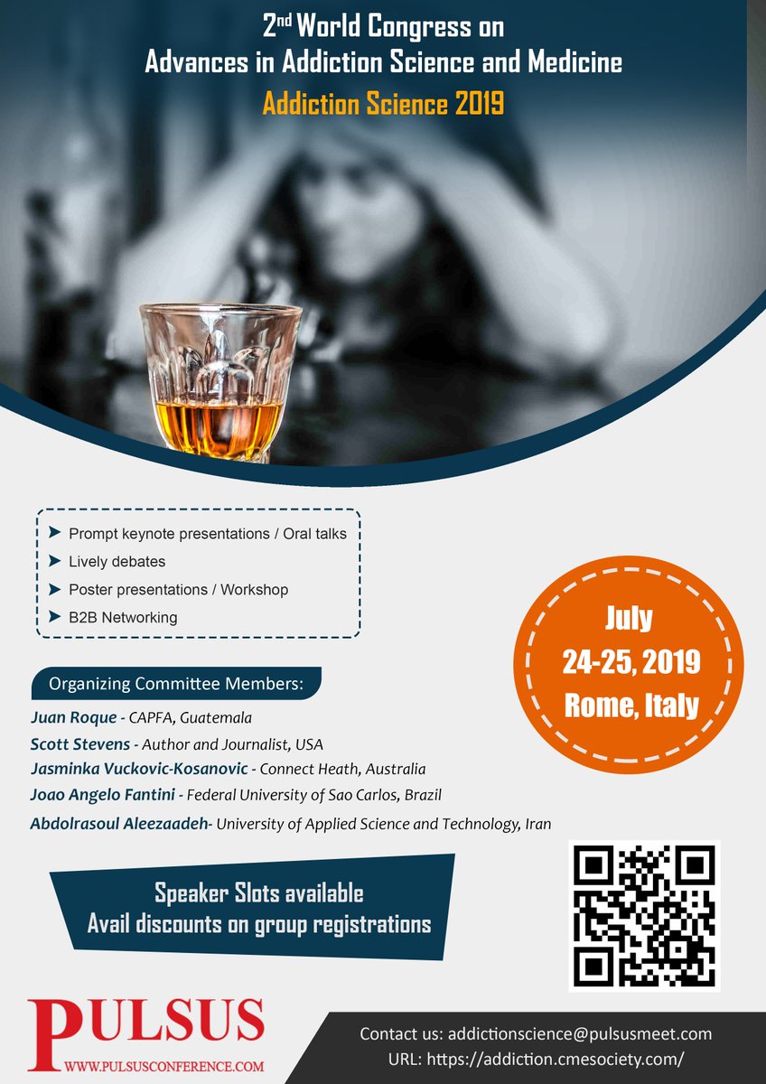 AddictionSci18's tweet photo. @dawn_rehab We are happy to bring to your notice that we are organizing the second series of World Congress on Advances in Addiction Science and Medicine in Rome, Italy on July 24-25, 2019. We invite your team to engage in the meeting. To know more: https://t.co/geredeck8N https://t.co/wpLRfUCVSL