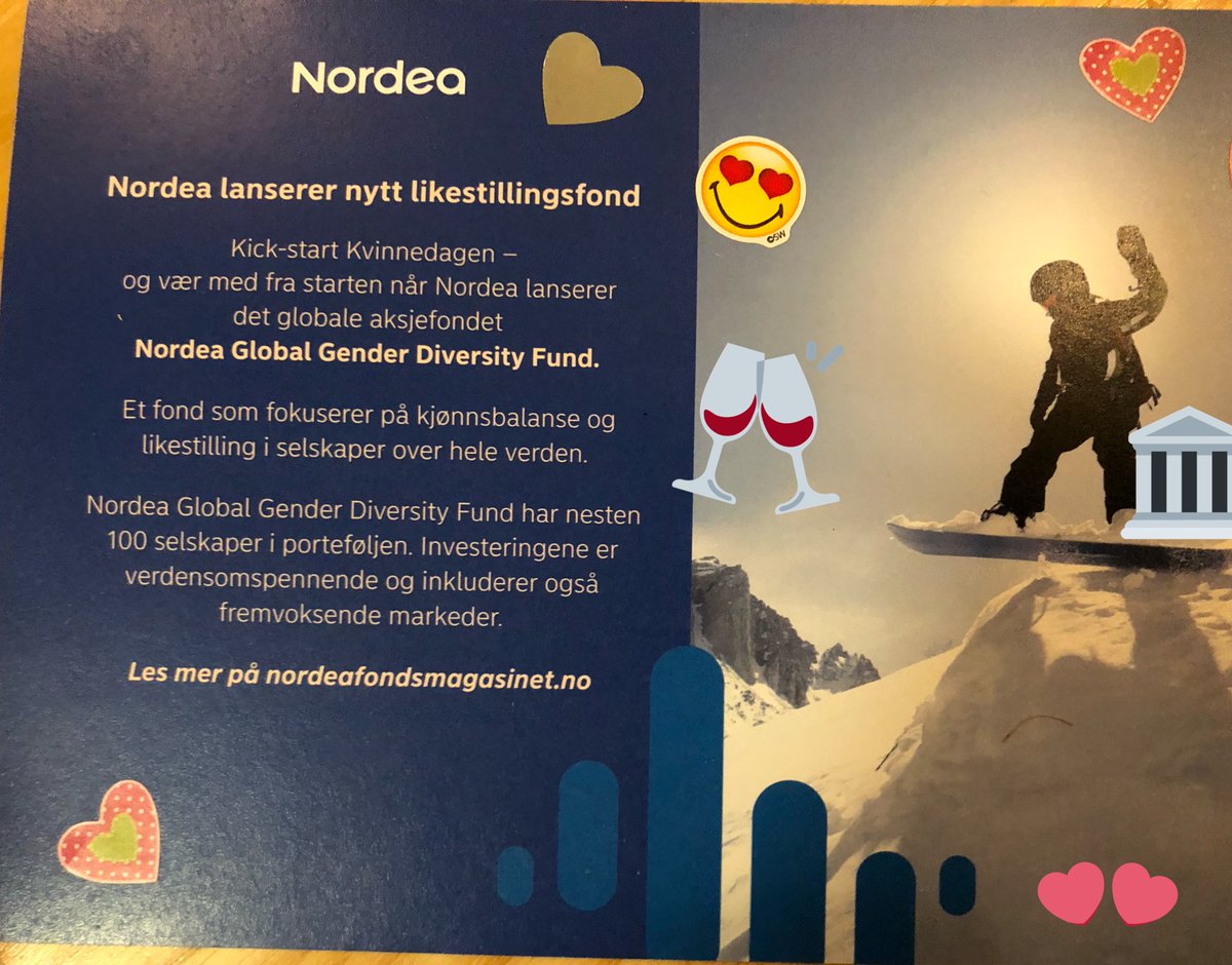 KrisSkaug's tweet photo. Var i 50-års lag hos venninne i går 🎉 Hun er en sååå god venninne at hun fikk fondsandeler i det nye likestillings-fondet til @NordeaNorge
Hun ble kjempeglad 🥰og de andre jentene likte ideen 😇 #fond #smartsparing #bærekraft #kvinnedagen
https://t.co/MDZp5W5tc0 https://t.co/JKDkZTeOe4