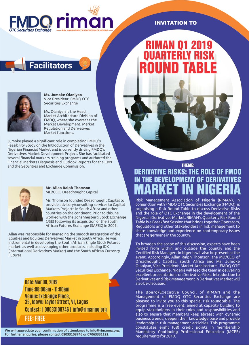 Happening now at Exchange Place: FMDQ hosts the Risk Management Association  of Nigeria (RIMAN) on their Q1 2019 Quarterly Risk Round Table.. with a  focus on Derivatives Market Risks and the role