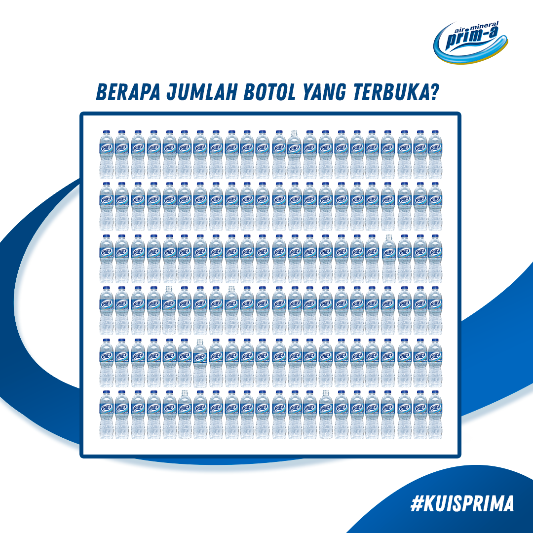 primawaterID's tweet photo. Buktikan kalau kamu pantang menyerah! Di antara banyak botol Prim-a ini, ada botol yang tutupnya sudah terbuka. Hitung berapa jumlahnya dan jawab di reply. Jangan lupa mention temen kamu buat ikutan!
#AirMineralPrima
#SemangatPrima
#KuisPrima https://t.co/nFoPWEtmOG