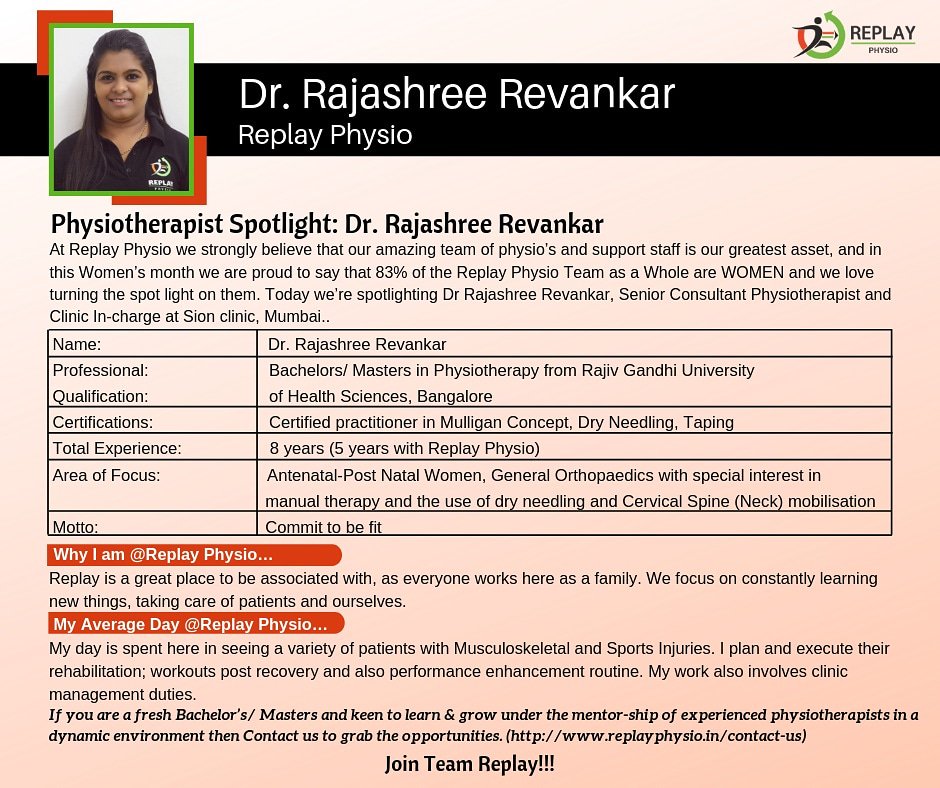 ReplayPhysio's tweet photo. “There is no limit to what we,as women,can accomplish
-Michelle Obama “
And there is no limit to what a women employee can achieve @ Replay Physio..
Showcasing Replay’s Woman Power starting Today with Dr.Rajashree Revankar
#replayphysio #womendayscelebration #womenpower https://t.co/LbFZ5aZRTQ