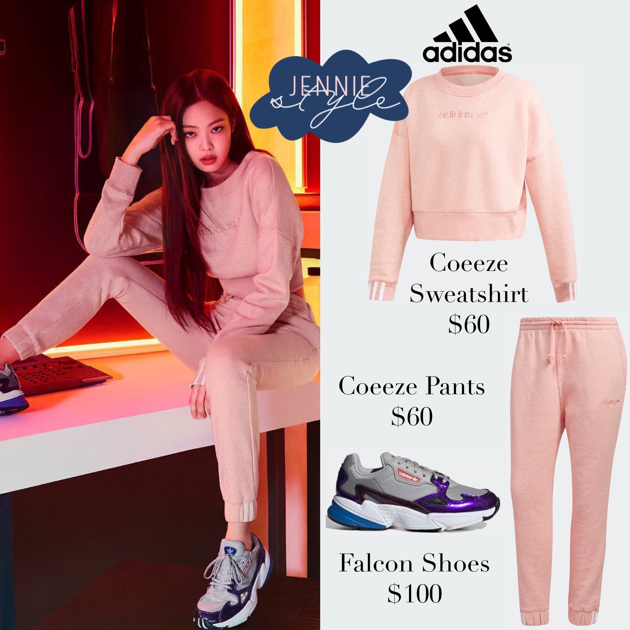 Jennie Style on Twitter: "Jennie for Adidas Korea Adidas Coeeze $60, Coeeze Pants Falcon $100 #jennie #jenniekim #blackpink #blackpinkfashion #blackpinkstyle #jenniestyle https://t.co/pAyFEV5jrM" / Twitter