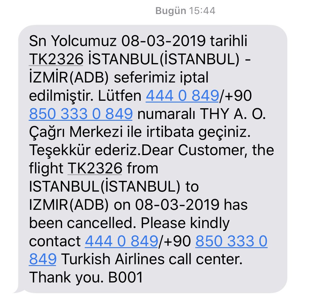 Saat 3’teki uçağımın iptal olfuğunu saat 3:44’te bana bildirdiğiniz için çok teşekkürler <a href="/TurkishAirlines/">Turkish Airlines</a> . Çok iyi bir hizmet anlayışınız var gerçekten.