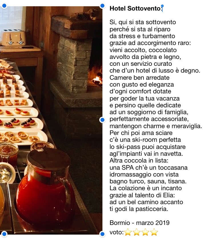 InRima's tweet photo. Hotel Sottovento:
SPA e pasticcini, servizio tra i più fini.

#lerecensioninrima #recensioni #reviews #review #food #foodreviews #cibo #cucina #cucinare #ristoranti #italianfood #italianrestaurants #poesia #poetry #rime #rima #poesiainrima #bormio #valtellina https://t.co/36VdHAz3Dx