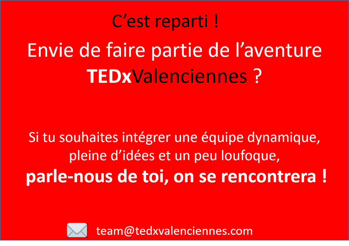 TEDxVal's tweet image. #TEDxValenciennes, c’est reparti !
Tu souhaites faire partie de la prochaine aventure TEDxValenciennes ?
Adresse un message à l’équipe et présente-toi !
team@tedxvalenciennes.com
A très vite !!!