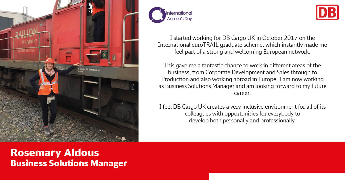 DBCargoUK's tweet photo. It's #InternationalWomensDay! Meet Rosemary Aldous, Business Solutions Manager who has spent time working across all aspects of #DBCargo on our euroTRAIL programme - an international graduate scheme offering experience of a variety of projects within rail freight. #IWD2019 #DBCUK https://t.co/DKzWLQwnTB