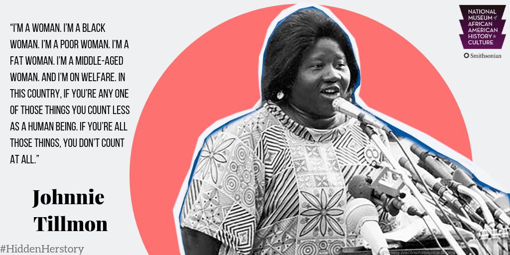NMAAHC's tweet image. This #InternationalWomensDay, we remember Johnnie Tillmon who fought to empower financially disadvantaged women. She became ill in 1963, going on welfare to support her family. The unjust system led her to become a leading voice in the Welfare Rights Movement #HiddenHerstory #WHM