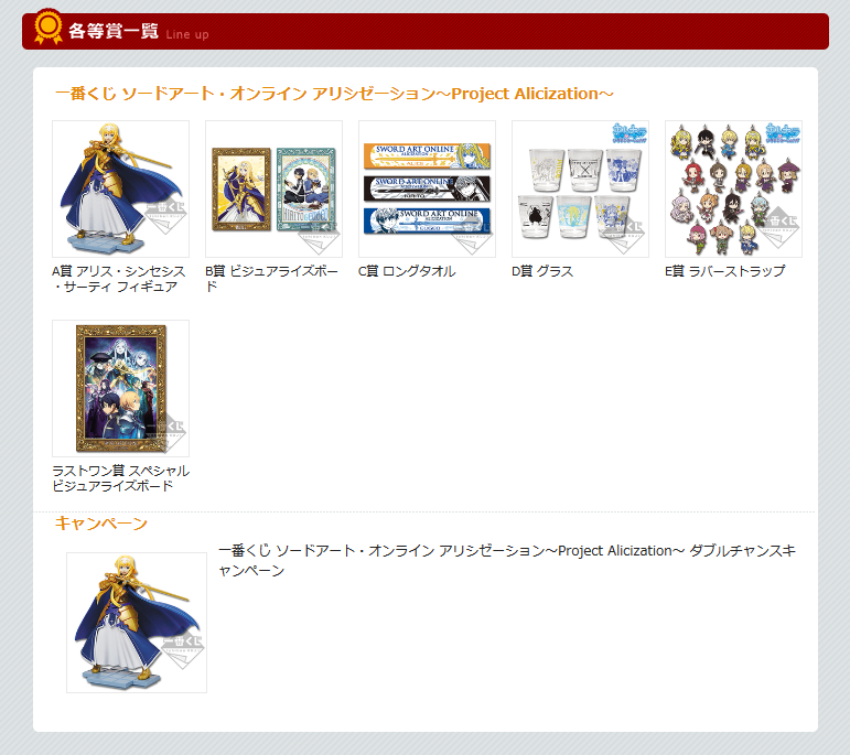 レク斗 Saoグッズコレクター En Twitter 一番くじ ソードアート オンライン アリシゼーション Project Alicization 一番くじ倶楽部 Https T Co Aloqlybhea 各等賞一覧の画像更新