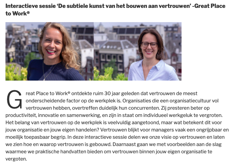BureauHappiness's tweet photo. De subtiele kunst van het bouwen aan vertrouwen
Op 20 maart is het vierde Happy People Better Business event (https://t.co/9YXYkCLLME) en nemen Marieke Hoogenberg en Willemijn van Mourik van @GPTW_NL je mee in een sessie over het vergroten van vertrouwen in organisaties. #hpbb https://t.co/79eLqdBtBm