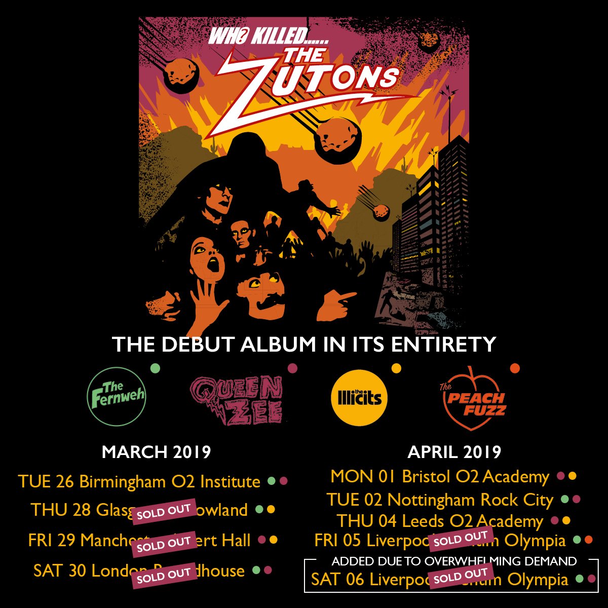 We’ve got some great support bands joining us on the tour, check them out...
Tickets at bit.ly/TheZutons2019 <a href="/thefernwehband/">THE FERNWEH</a> <a href="/queenzeeuk/">QUEEN ZEE</a> @theillicitss <a href="/thepeachfuzzuk/">The Peach Fuzz</a>