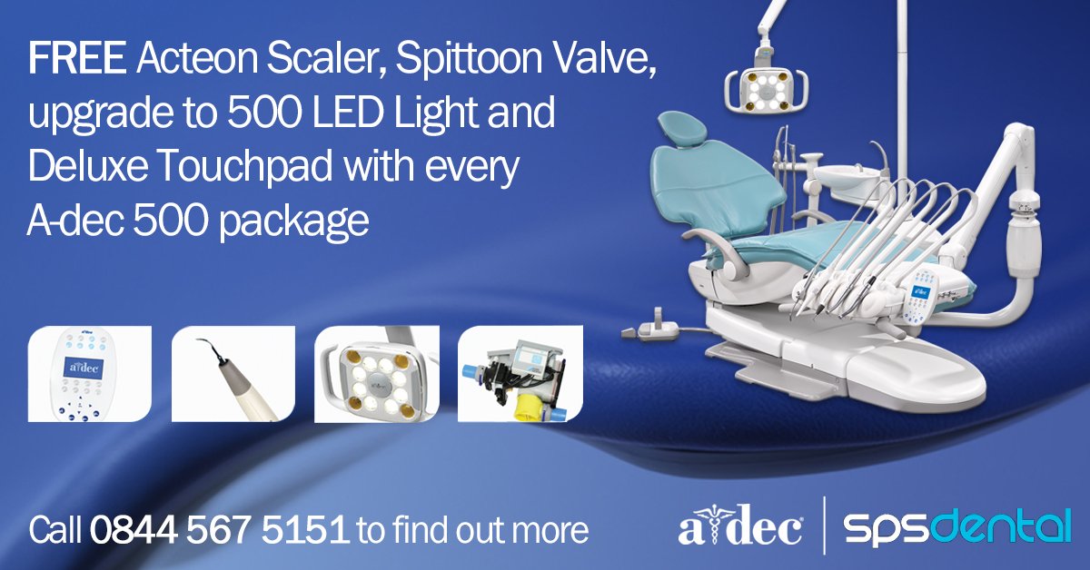 spsdental's tweet photo. We have a great offer on A-dec 500 dental chairs right now! Until 14th June, get a FREE Acteon scaler, spittoon valve, upgrade to a 500 LED light, and upgrade to a deluxe touchpad with every A-dec 500 chair package! For more info, give us a call on 0844 5675151 @AdecDental https://t.co/7BMoadTUQE