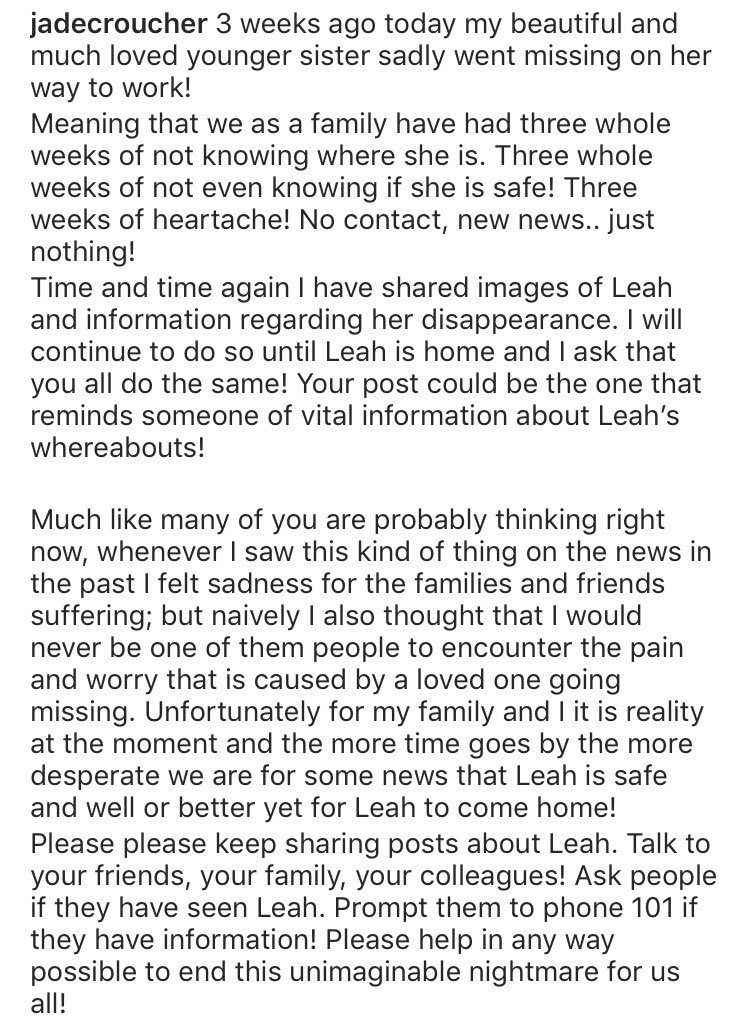 JadeCroucher's tweet photo. My beautiful sister has now been missing for 3 weeks! I am absolutely desperate to know that she is safe and well! I have shared images and information about Leah constantly and will continue to until she comes home and I ask that all of you do too 🙏🏼 #comehomeleah https://t.co/RFIzJQ1Kpw