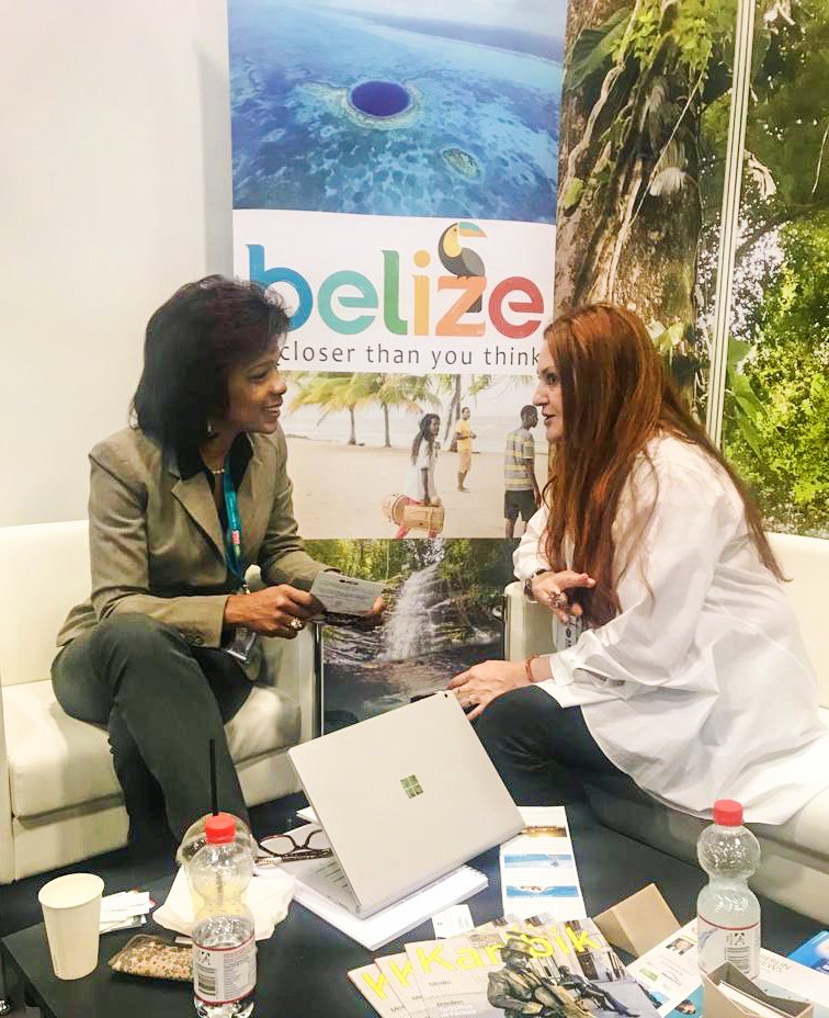 Charo Trabado in a meeting with <a href="/KbevansBtl/">Karen Bevans</a> , Director of <a href="/belizevacation/">Travel Belize</a>