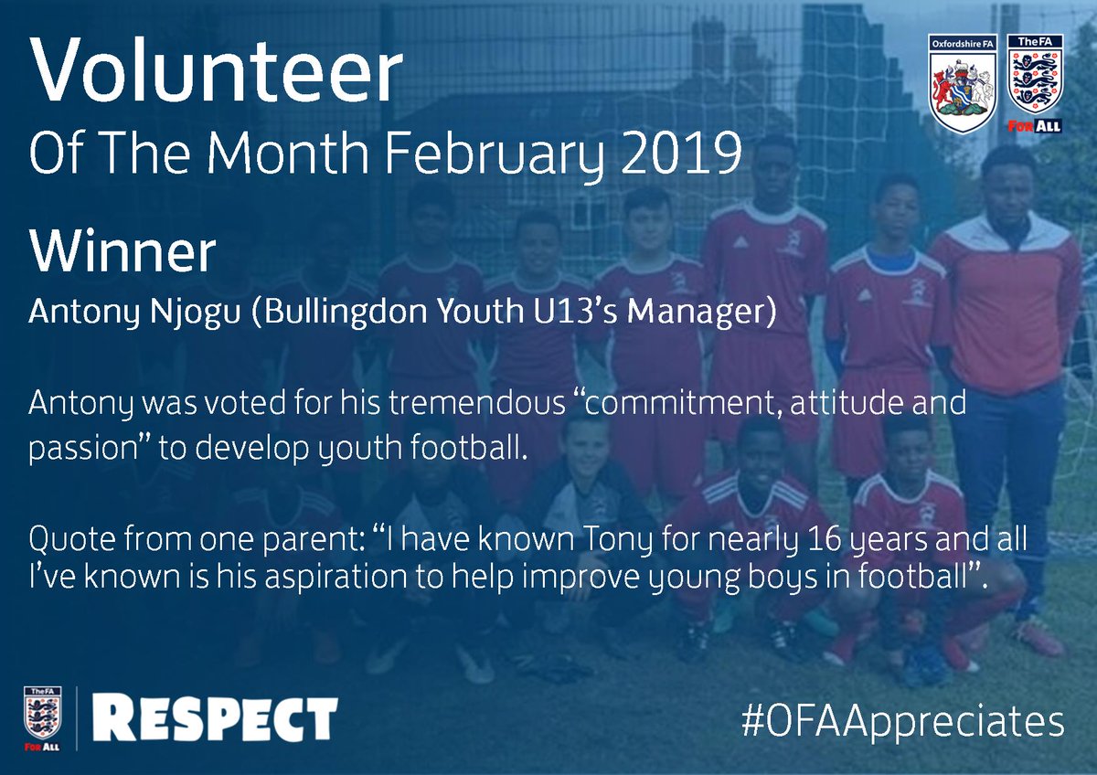 OxfordshireFA's tweet photo. 📢Volunteer Of The Month February 2019📢
🏆Winner: Antony Njogu (Bullingdon Youth U13’s Manager)🏆
Thank you for all your amazing nominations and congratulations to Antony on winning this month!
Nominate for next months award now https://t.co/EGq31vKfZf
#OFAAppreciates https://t.co/VstOM8zBEv