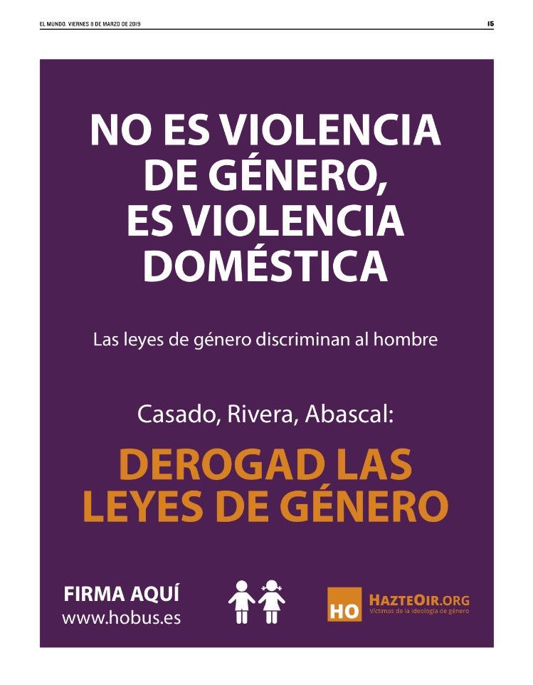 lhermoso_'s tweet photo. No es cosa exclusiva de ABC, también lo llevan otros periódicos como El Mundo. Un anuncio de Hazte Oír pidiendo la derogación de las leyes de violencia de género. El 8 de marzo. https://t.co/z5bB32GL1L
