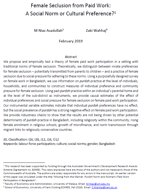 InteggraNews's tweet photo. Millions of #women in #SouthAsia practice #purdah (female #seclusion). A new #ECARES working paper by #Integgra researchers Zaki Wahhaj and @Niaz_Asadullah examines the implications of this practice for female paid work participation #IWD2019 #Bangladesh  https://t.co/WwqlkDLELU https://t.co/ccaLBLKDIk