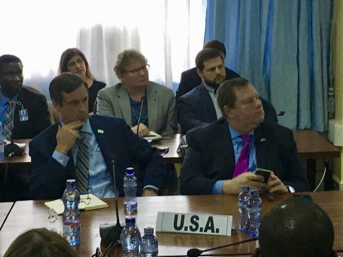 USAmbDRC's tweet image. .@WHO @DrTedros, @CDCDirector Dr. Redfield and @USAID Asst Administrator Dr. Golden brief on international support for Congolese efforts to contain current Ebola outbreak. U.S. contributing robustly and committed to ending it ASAP. #DRC