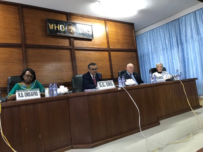 USAmbDRC's tweet image. .@WHO @DrTedros, @CDCDirector Dr. Redfield and @USAID Asst Administrator Dr. Golden brief on international support for Congolese efforts to contain current Ebola outbreak. U.S. contributing robustly and committed to ending it ASAP. #DRC