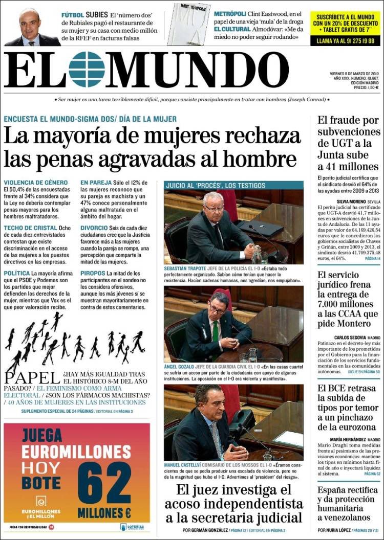 PerroNoCome's tweet photo. Vergonzosa portada de @elmundoes para ‘celebrar’ el Día de la Mujer. Resulta que el oprimido es el hombre. #FelizDiaDeLaMujer #InternationalWomensDay #igualdad #HuelgaFeminista2019 https://t.co/Q8qhVQMvUT