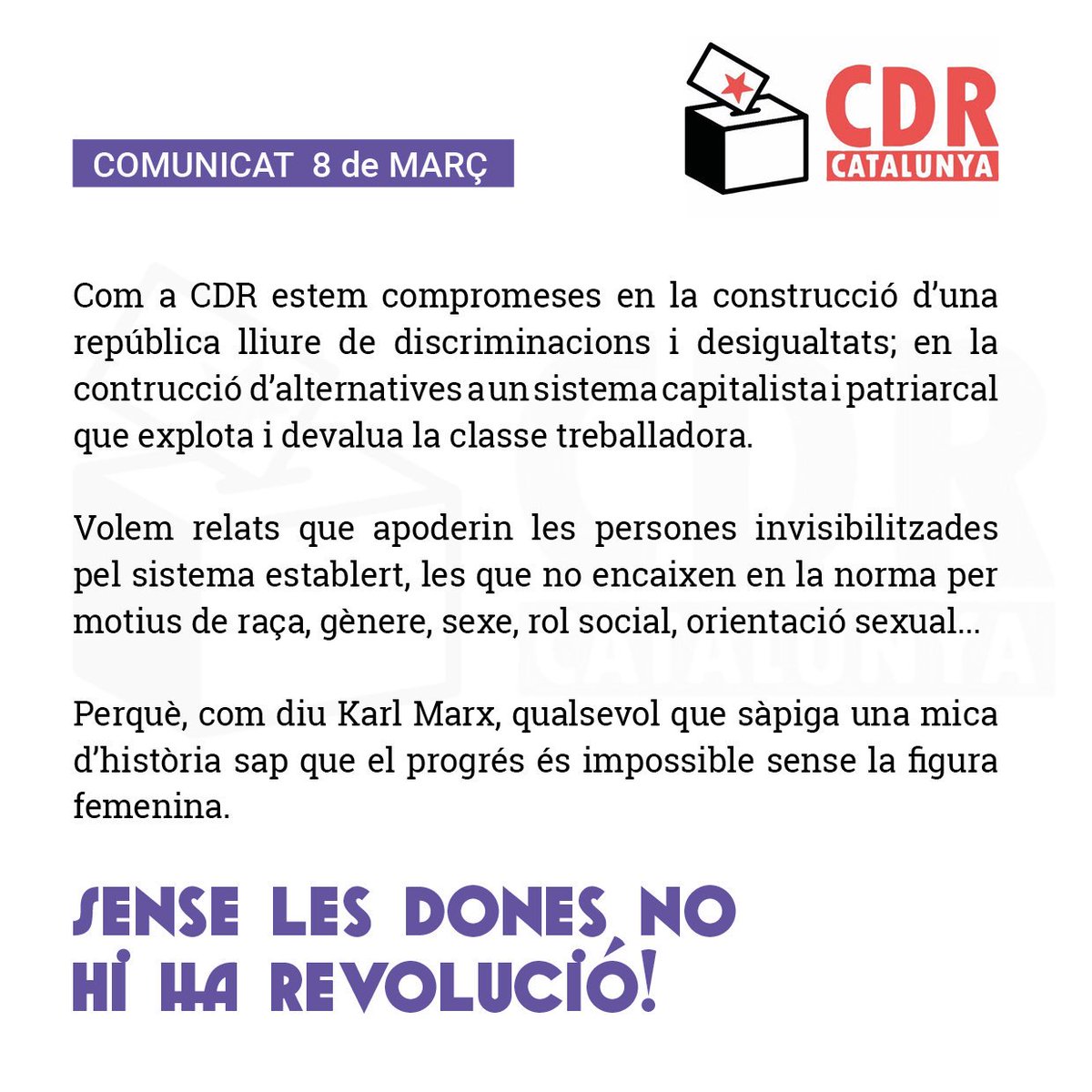 “El feminisme efectiu ha de ser antiracista, antifeixista i anticapitalista” Angela Davis

Per una #repúblicafeminista ✊🏽

🗣avui és el dia, #ATUREMHOTOT !

#JuntesSomMésFortes
#vagageneralfeminista
#8M 
#CDRenXarxa