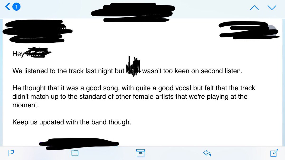 We are still awaiting the day we are not judged by the gender of our singer. Unfortunately this email is only a couple of months old and from one of the most influential radio stations in the UK. This needs to stop. It’s about music, not gender. #InternationalWomensDay