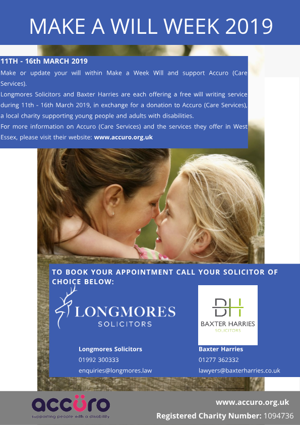 AccuroEssex's tweet image. 3 days to go til Make A Will Week! @BaxterHarries and @Longmores will be waiving their will writing fees for a whole week in return for a donation to Accuro. Book your appt now! #makeawillweek #charity #essex #herts