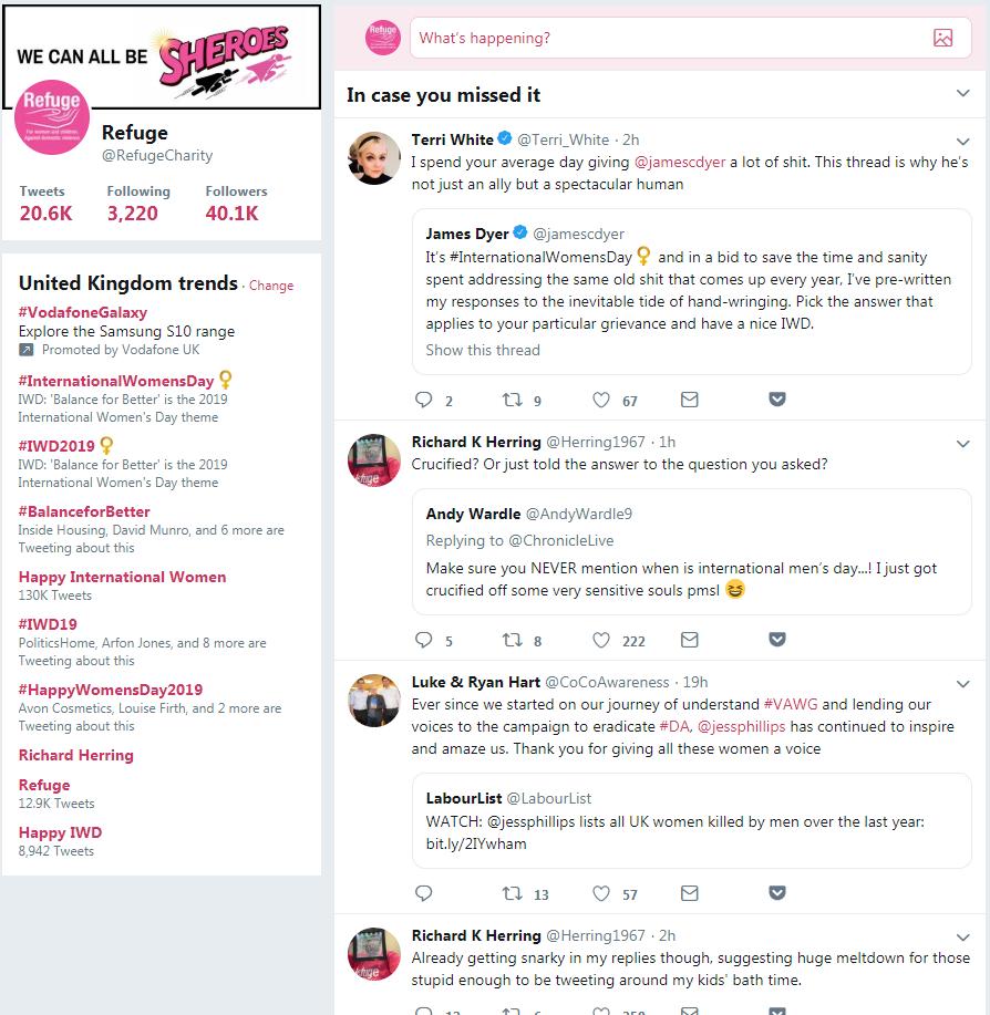 RefugeCharity's tweet photo. .@Herring1967 is creating a Twitter storm: almost £50,000 raised already, more than 3,000 donations and both Refuge and Richard Herring are trending! So exciting! Can we break the internet this #IWD2019? https://t.co/CaZ1mr0Kcn https://t.co/QlRlKwfpmt