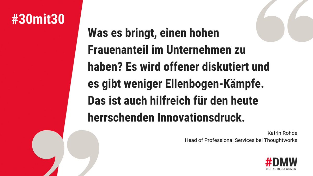 DigiWomenDE's tweet photo. Heute starten wir mit unserer #30mit30 Kampagne &amp; suchen 30 Unternehmen in Deutschland, die einen Frauenanteil von über 30% in ihren Führungsebenen haben. Zum Auftakt stellen wir euch die IT-Beratung @thoughtworks_de vor. https://t.co/FZ0v0wfaSm #femaleleaders #diversity https://t.co/TUDdKkTKGm