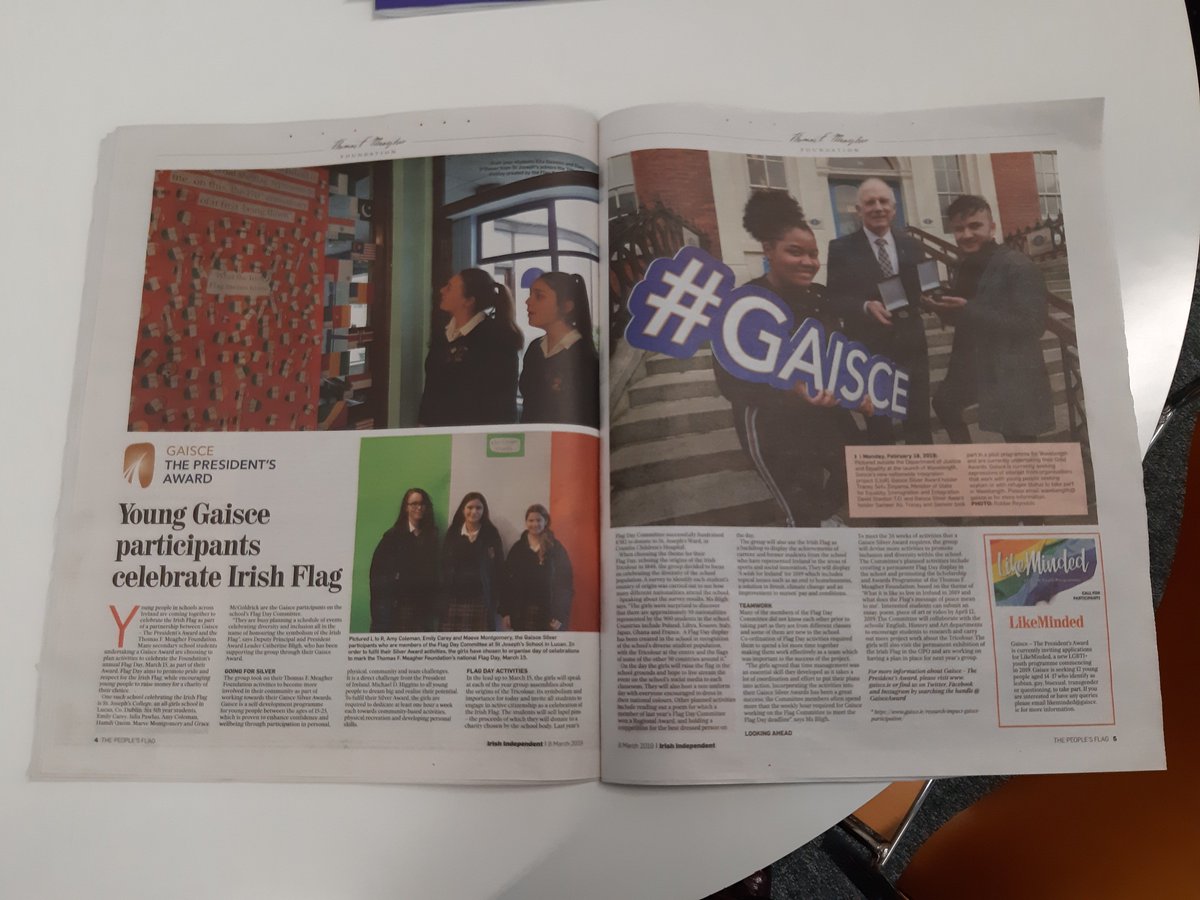 GaisceAward's tweet photo. Fantastic to be featured in the @Independent_ie today as part of the @tfmf1848 Flag Day Supplement. Pick yours up today to see how students can use Flag Day Activities towards their #GaisceAward #Tricolour #IrishFlag #ThomasFMeagher @NAPD_IE @Education_Ire https://t.co/6otDz0L7Jp