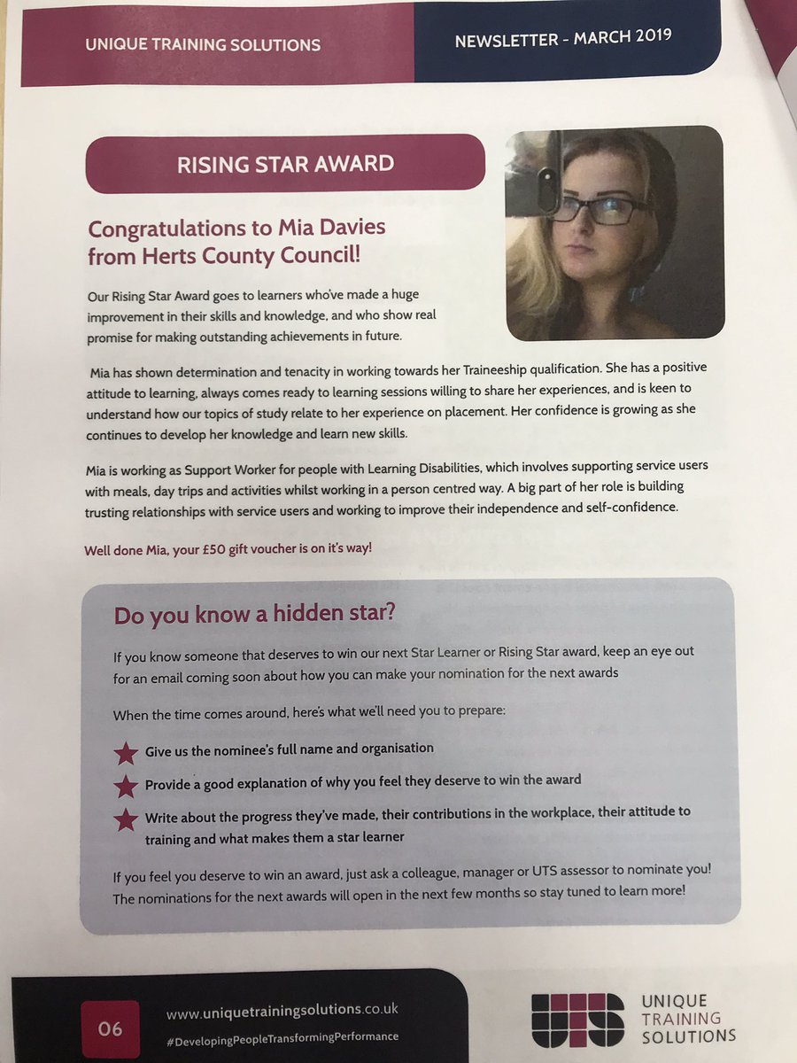 HertsWdpt's tweet photo. A HUGE congratulations to our Level 1 Health &amp; Social Care Trainee, Mia. She has won @TweetFromUnique Rising Star Award. #healthandsocialcare #hertfordshirecountycouncil https://t.co/kf8o7QVDST