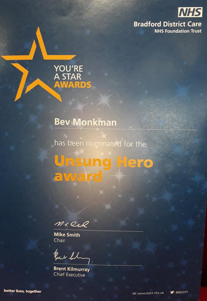 Well done Bev Monkman. Nominated and shortlisted for the Unsung Hero Award, YASA 2019. A great example of how invaluable volunteering is within our Carers Hub. Good luck at the Finals. #CarersHub #YASA <a href="/BDCFT/">BDCFT NHS</a>