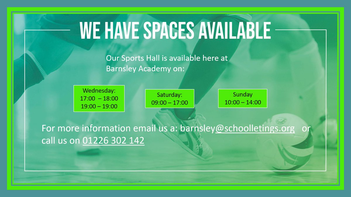 SPORTS HALL AVAILABILITY!!

#SportsHall #KidsSport #CommunitySport #SLS