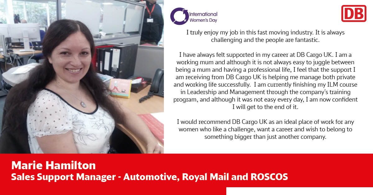 DBCargoUK's tweet photo. In celebration of #InternationalWomensDay we would like to introduce you to Marie Hamilton. Marie has been part of #TeamRed almost 11 years. She started DB life as a Train Running Controller and is now Sales Support Manager for Automotive, Royal Mail and ROSCOs. #IWD2019 #DBCUK https://t.co/aMagnuDVfV