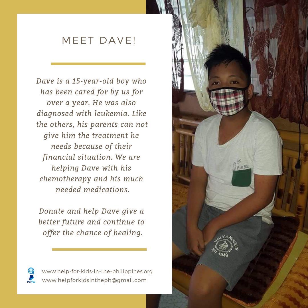 helpkidsinPH's tweet image. Dave is a 15-year-old boy who has been cared fory us for over a year. He was also diagnosed with leukemia. Like the others, his parents can not give him the treatment he needs because of their financial situation. 
#helpforkids #donate #donations #sharethelove #givelove #givehope
