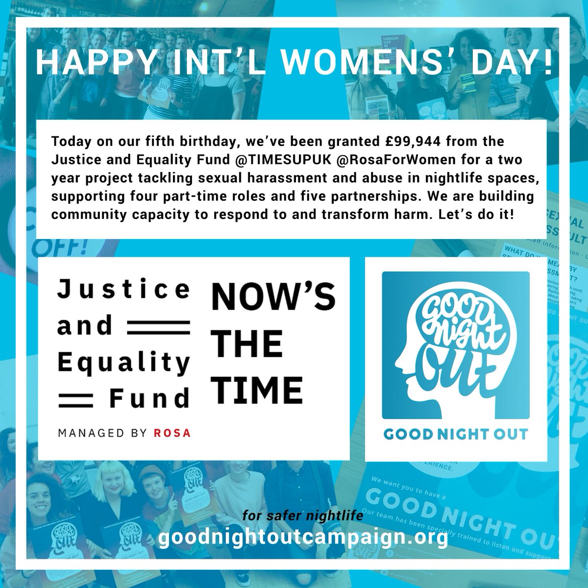 Happy #IWD we've been granted £99,994 by <a href="/RosaForWomen/">Rosa Fund for Women</a> @TIMESUPUK to build capacity in nightlife spaces to respond to and transform sexual harassment, assault and all gendered harms, partnering with <a href="/attitudetweets/">Attitude is Everything</a> <a href="/GalopUK/">Galop</a> <a href="/musicvenuetrust/">Music Venue Trust</a> <a href="/bswaid/">Bham&SolWomen's Aid</a> and <a href="/boilerroomtv/">BOILER ROOM</a> <3