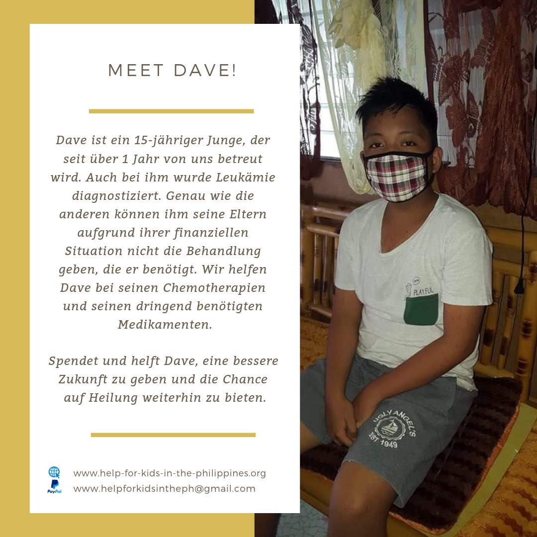 helpkidsinPH's tweet image. Dave ist ein 15-jähriger Junge, der seit über 1 Jahr von uns betreut wird. Auch bei ihm wurde Leukämie diagnostiziert. Genau wie die anderen können ihm seine Eltern aufgrund ihrer finanziellen Situation nicht die Behandlung geben, die er benötigt.
#helpforkids #donate #support