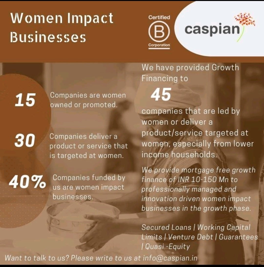 Caspian_Impact's tweet photo. #DYK we have made 45 debt Investments in women impact businesses. We are Keen to support more! Want to talk to us? Write to us at info@caspian.in #balanceforbetter #BalanceForBetterIWD2019 #IWD19 #Entrepreneurship #impinv https://t.co/yyP5DNLa8Z