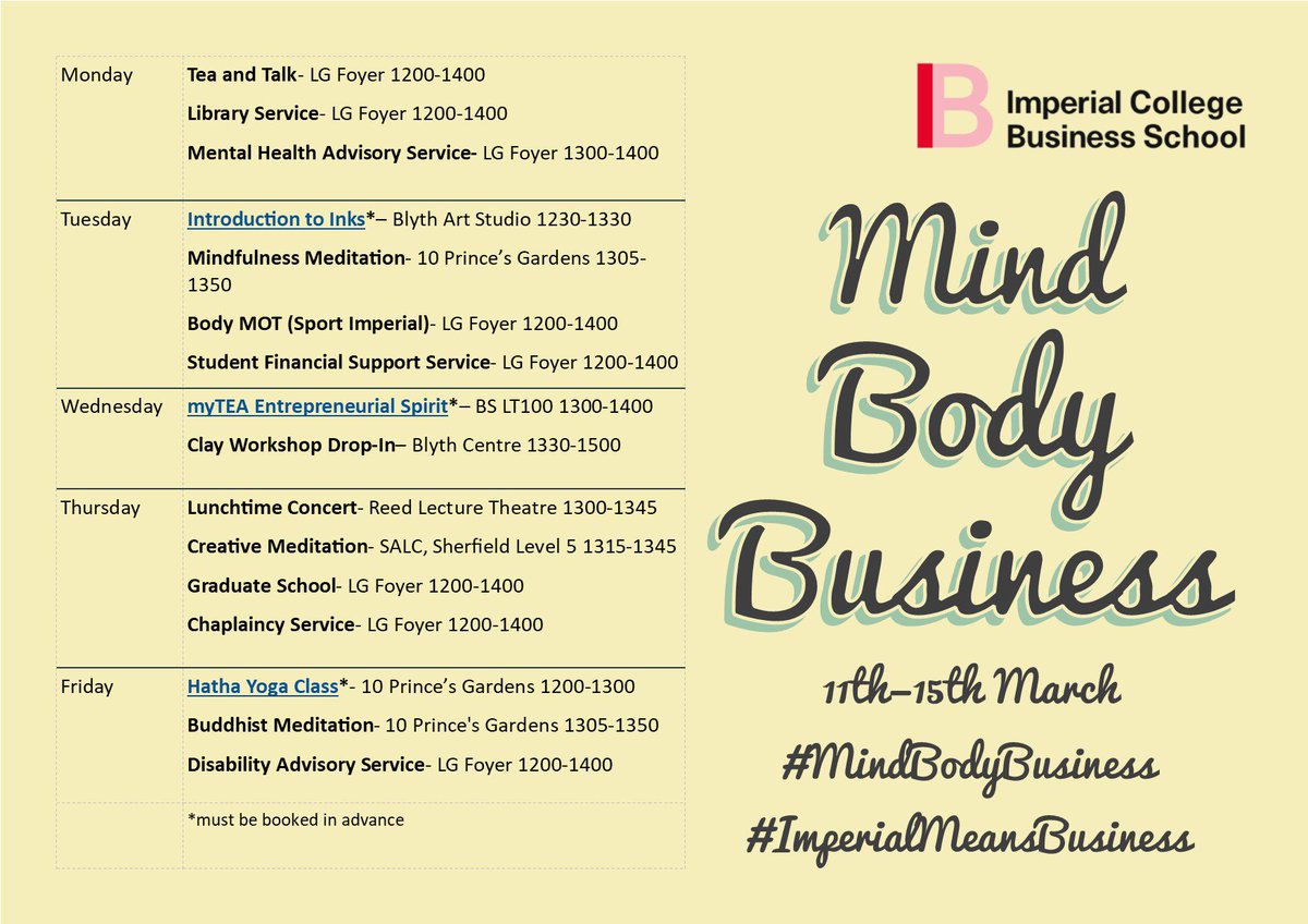 chippycompton's tweet photo. Really excited for the @ImperialBiz wellbeing week: Mind. Body. Business.

As a direct response to student feedback we've got an amazing week of activities and loads of resources to improve the support of students across the School

#MindBodyBusiness #ImperialMeansBusiness https://t.co/g0edEaUcf3