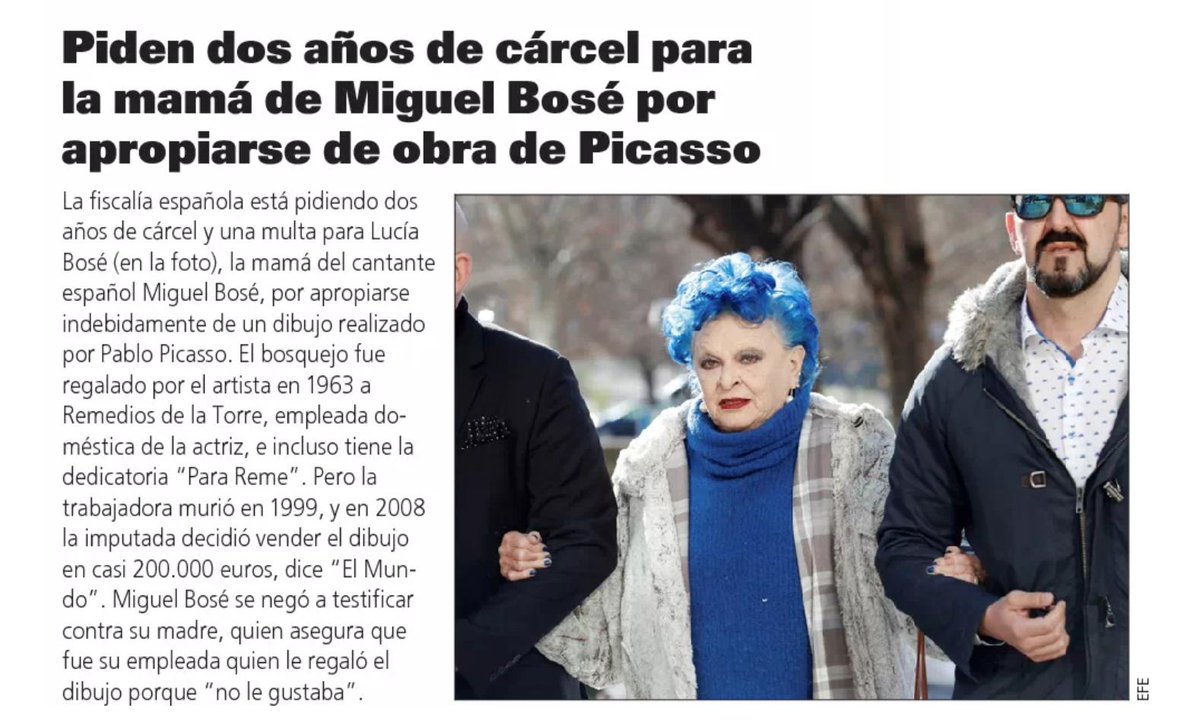 rod_herrera's tweet photo. Piden 2 años de cárcel para la madre de @BoseOfficial por apropiarse de una obra que Pablo Picasso le había regalado a la empleada doméstica de la actriz y que Lucía Bosé le robó porque "una doméstica no podía tener un Picasso" según testimonio de la afectada. https://t.co/tnKd8qqa24