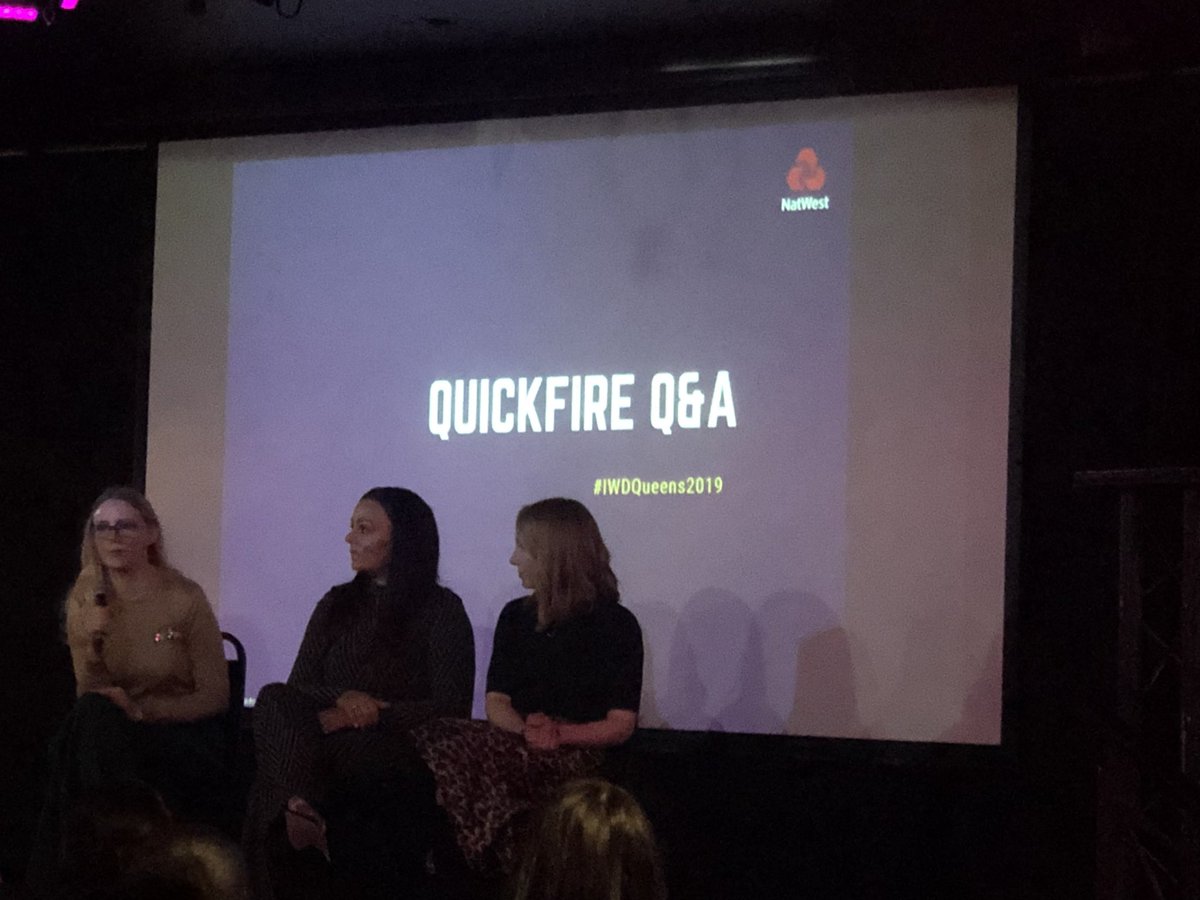 Today’s #IWD2019 speakers facing quick fire questions from the audience.
How important is staying true to your values?
How you go about taking your idea from your head to it being a business?
The best way to fund your business? 
The best advice for dealing with old boys networks?