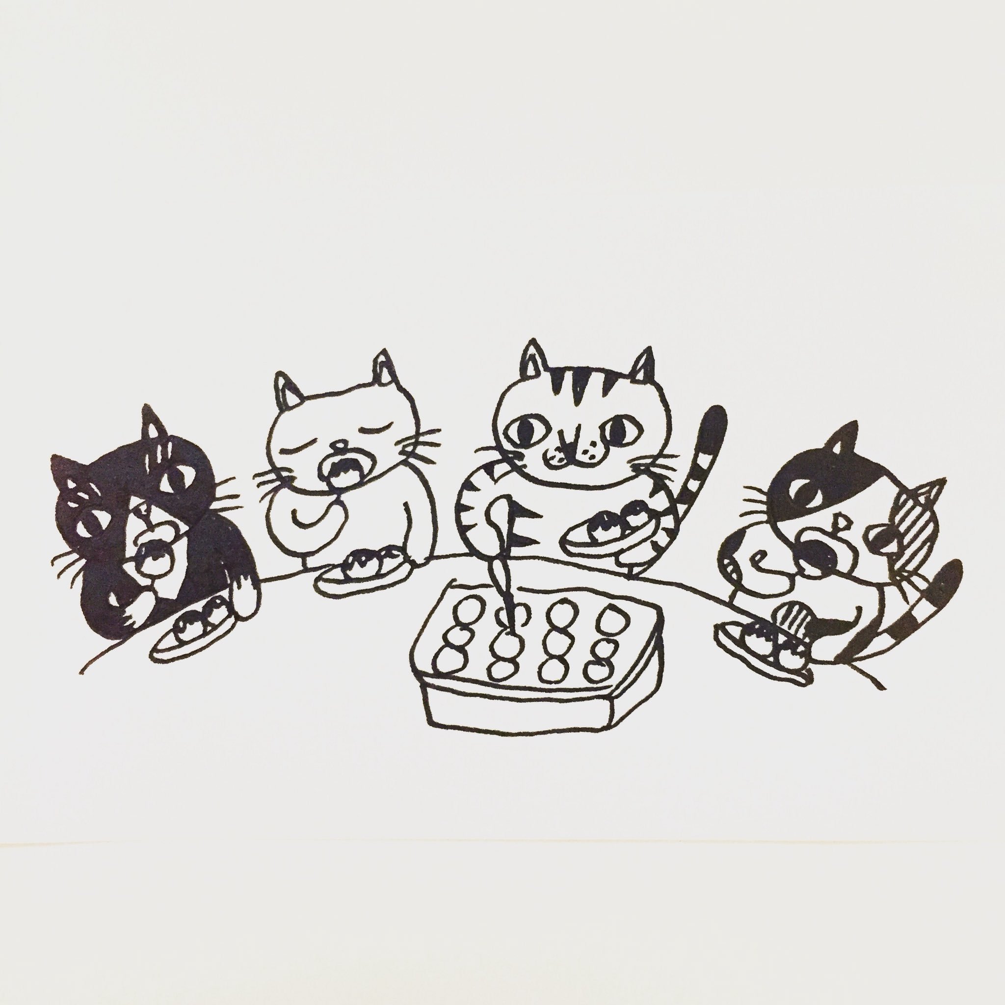 肌子 今日のイラストはコレ ｪ たこ焼きパーティーを楽しむ猫たち イラスト 猫 ネコ ねこ オリジナル ペン画 アナログ キジトラ猫 ハチワレ猫 三毛猫 白猫 T Co Tgm9h4z2ae Twitter