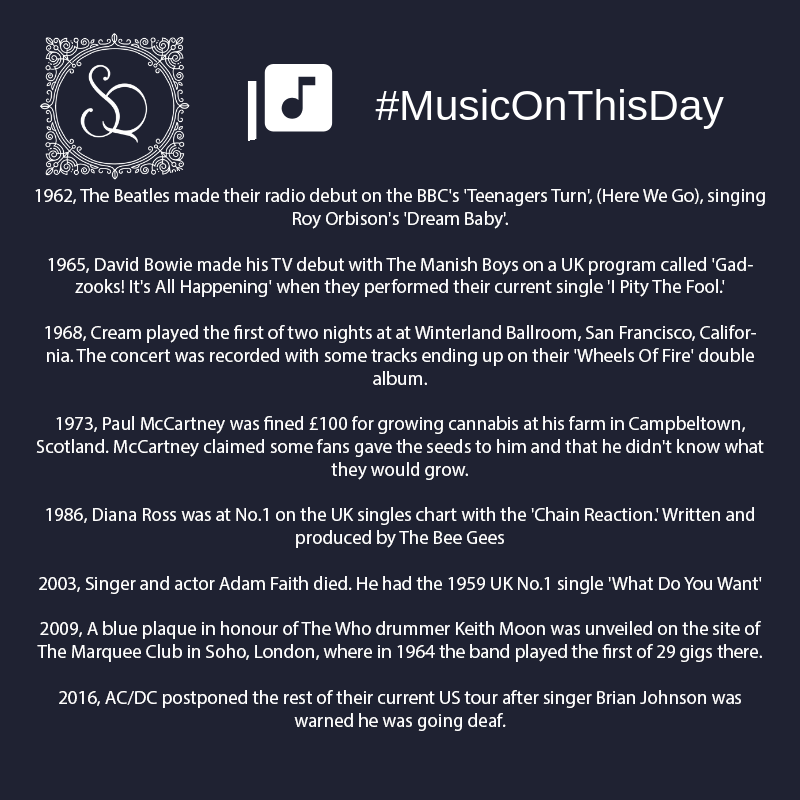 SuniQuarter's tweet photo. #SunnisideQuarter #ThePlaceToBe #MusicOnThisDay #TheBeatles #Bowie #PaulMcCartney #DianaRoss #AdamFaith #KeithMoon #AC/DC https://t.co/vxT6hEufqq