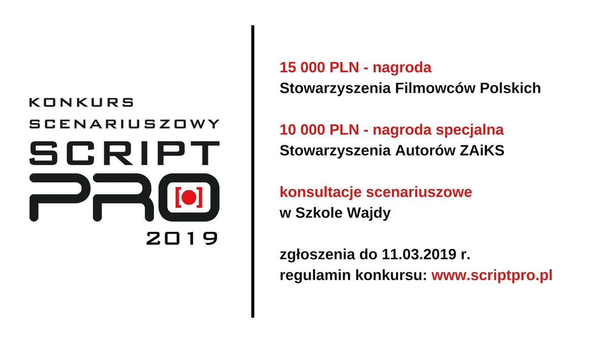 Z radością informujemy, że do grona partnerów konkursu #SCRIPTPRO 2019 dołączyło Stowarzyszenie Autorów <a href="/zaiks_org_pl/">ZAiKS</a> z nagrodą specjalną w wysokości 10 tys. złotych.

Przypominamy, że na Wasze scenariusze czekamy do 11 marca do północy. 

#WajdaSchool #OffCamera #SFP #ZAiKS.