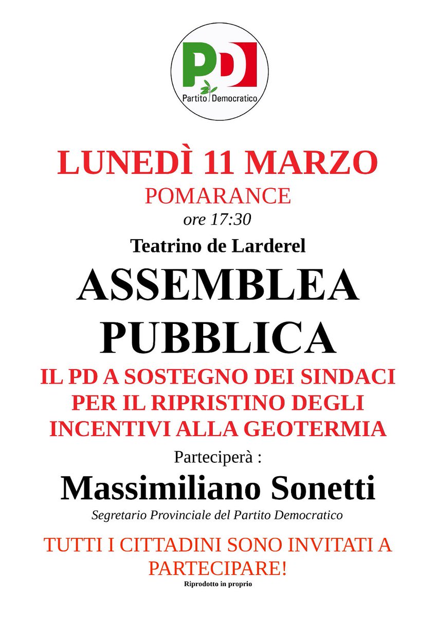 PdPisa's tweet photo. Lunedi 11 Marzo ore 17:30 Assemblea pubblica al Teatrino De Larderel di Pomarance per il ripristino degli incentivi alla geotermia #pisa #pdpisa #pd #geotermia https://t.co/JClK8ABkm1