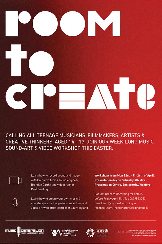 Calling all musicians, artists, filmmakers &amp; creative thinkers aged 14-17!! Room to Create is an exciting Easter workshop running from Mon 22nd - Fri 26th April in @PresArtsCentre, #Enniscorthy!!  #sonicarts #musicimprov #sound #creativity <a href="/WWETBofficial/">WWETB</a> <a href="/wexfordcoco/">Wexford County Council</a> <a href="/mus_gen/">Music Generation Ireland</a>