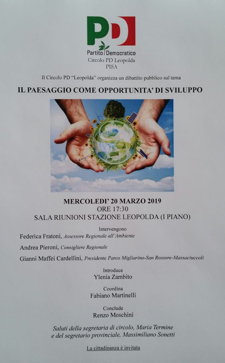 PdPisa's tweet photo. Mercoledi 20 Marzo ore 17:30 Presso la sala riunioni Stazione Leopolda (1 piano) di Pisa ci sarà un dibattito pubblico a tema Il Paesaggio come opportunità di Sviluppo #pd #pdpisa #pisa #leopolda #ambiente #environment #green https://t.co/waBHHwDMpS